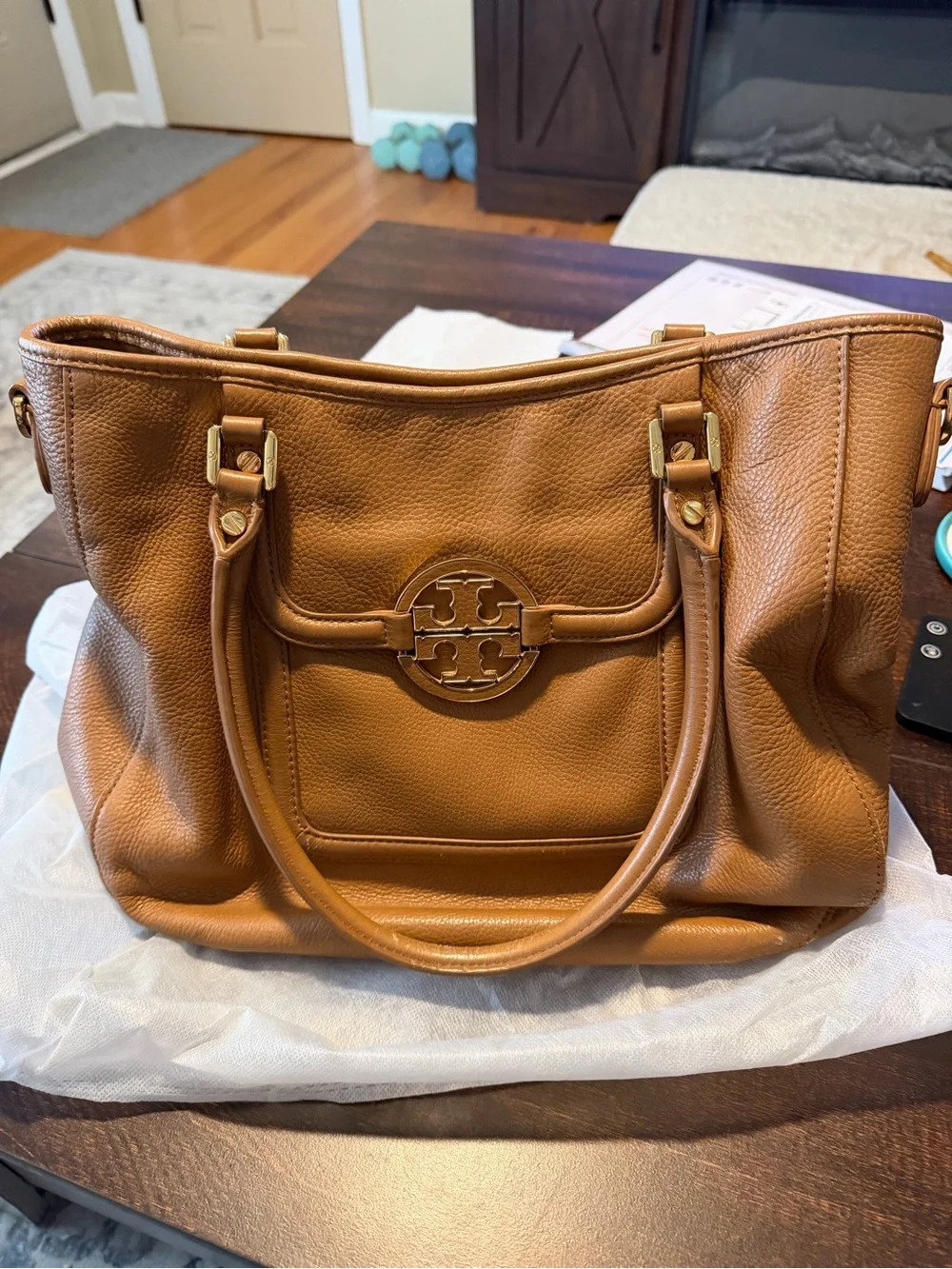 Tory Burch Tan Pebbled Leather Tote with Logo Medallion